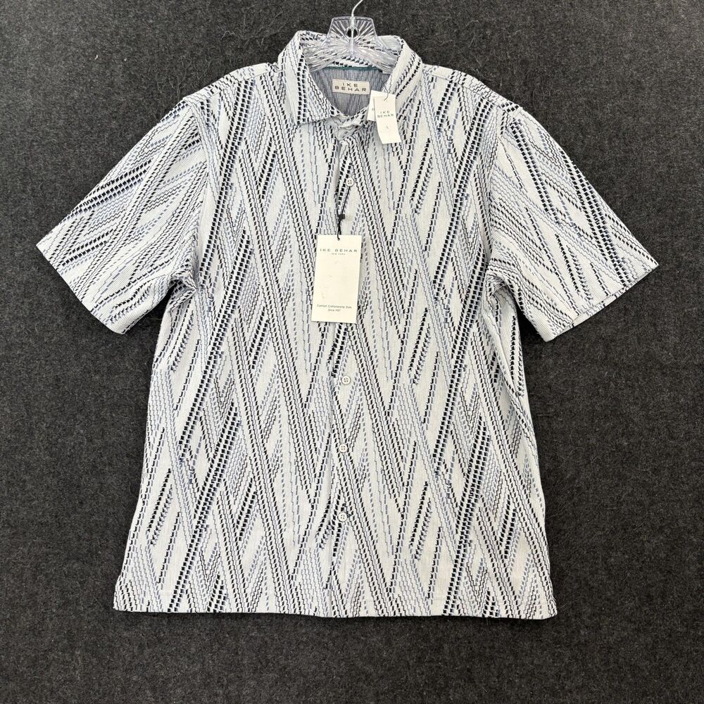 Ike Behar Shirt Men's Large White Blue Geometric Knit Short Sleeve Stretch